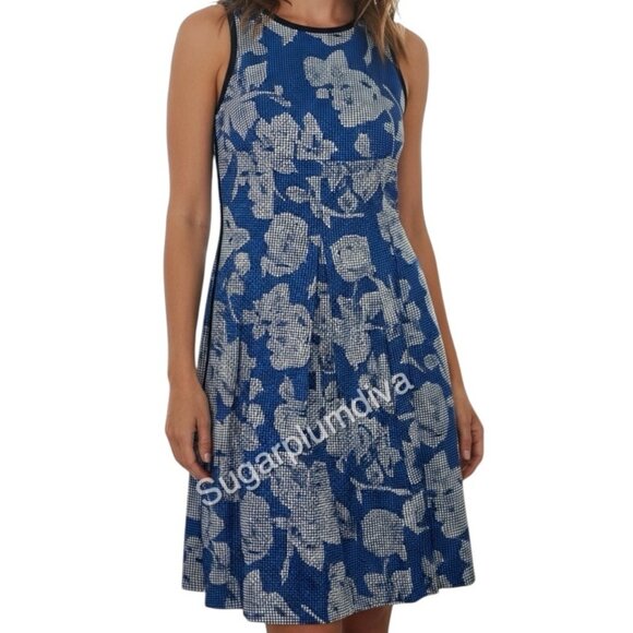Maggy London Floral Blue Fit & Flare Dress 2 Exposed Zipper Pockets Urban NWT - Picture 1 of 8
